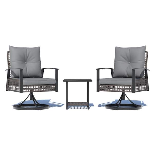 3-Piece Wicker Outdoor Bistro (Set for 2) Patio Swivel Rocker Chairs with Gray Thickened Cushions and 1 Coffee Table