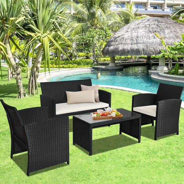 4-Piece Patio Wicker Rattan Conversation Set with Glass Top Table and Cushions in White