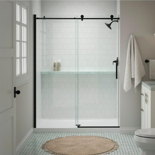 KOHLER Cursiva 56-60 in. W x 78 in. H Sliding Frameless Shower Door in Matte Black KOHLER Cursiva 56-60 in. W x 78 in. H Sliding Frameless Shower Door in Matte Black