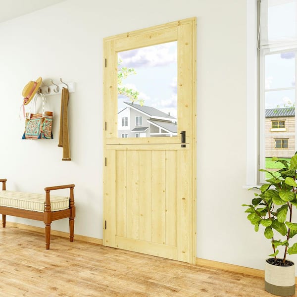 36 in. x 80 in. Solid Pine Wood Universal 1-Lite Clear Glass Unfinished Front Door Slab-Dutch Door Split Single Door