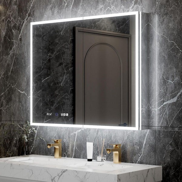 40 in. W x 32 in. H Rectangular Aluminum LED Light Surface/Recessed Medicine Cabinet with Mirror, Magnifying Mirror