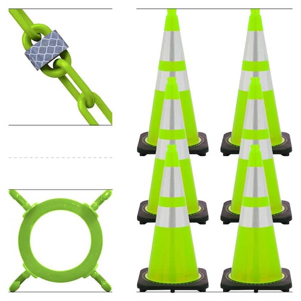 28 in. Safety Green Reflective Traffic Cones and Reflective Chain Kit
