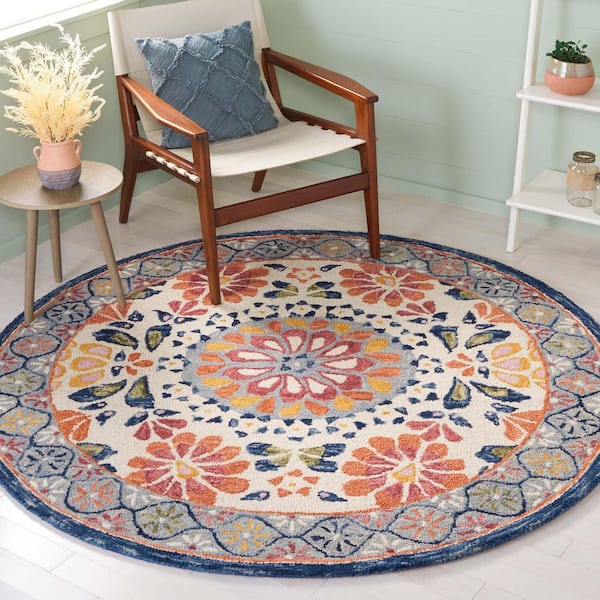 Blossom 6 ft. x 6 ft. Ivory/Red Floral Border Round Area Rug