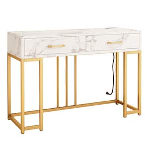 Modern Style 42.52 in. White and Gold Rectangle Marble Grain MDF Console Table with 2-Drawers and Outlet