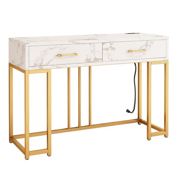 Karl home Modern Style 42.52 in. White and Gold Rectangle Marble Grain MDF Console Table with 2-Drawers and Outlet