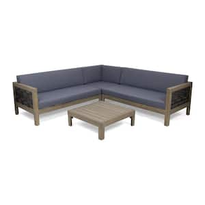 Linwood Grey 4-Piece Wood and Faux Rattan Outdoor Patio Conversation Sectional Seating Set with Dark Grey Cushions