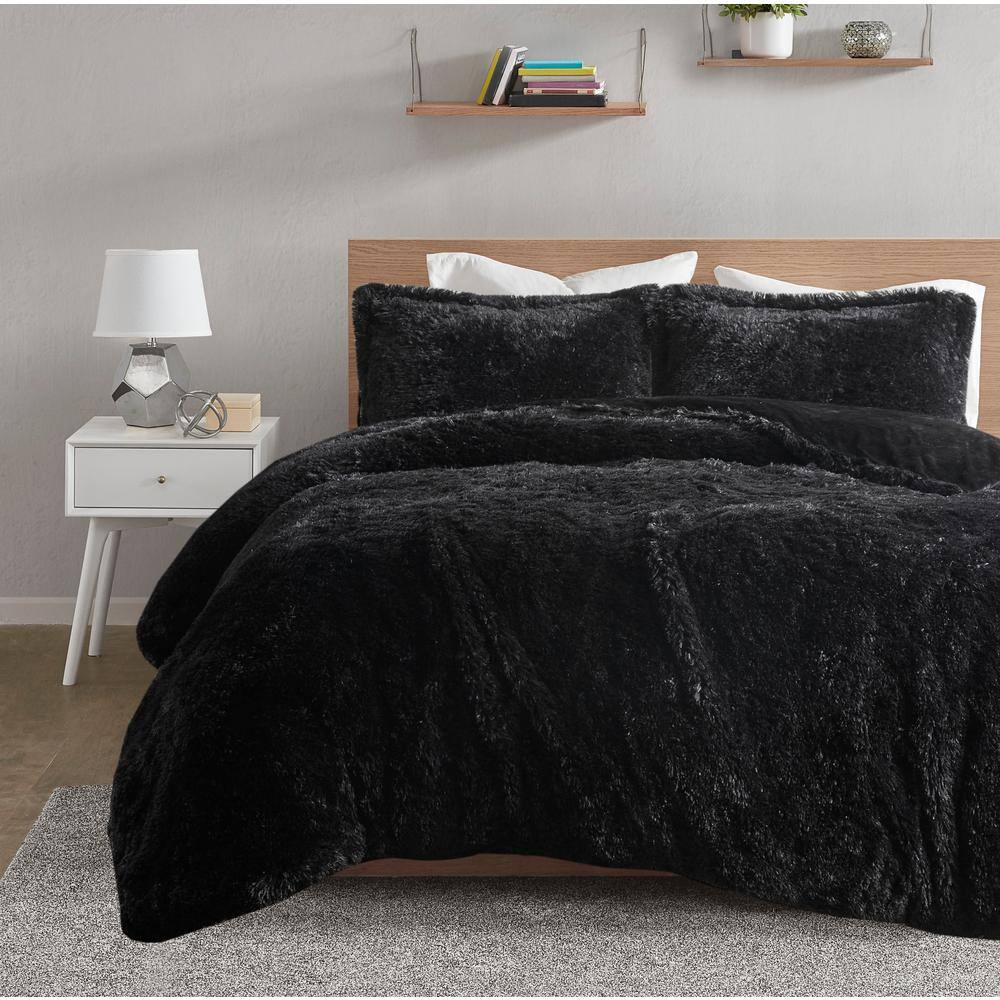 King Black Shaggy Faux Fur Duvet Cover Set