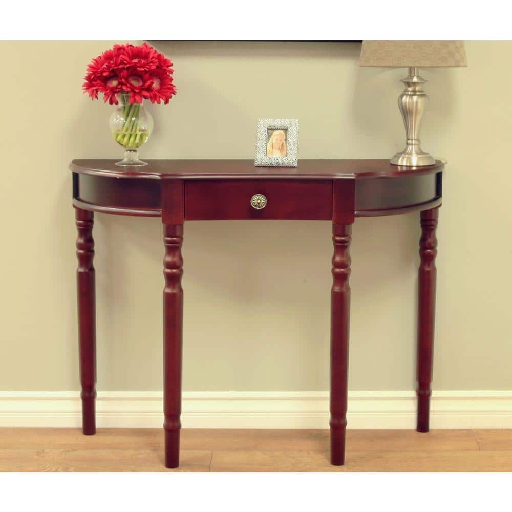 Dark Cherry Wood Half-Moon Console Table with Storage Drawer