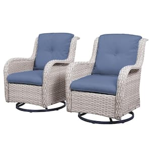 Outdoor Swivel LightBeige Wicker Outdoor Rocking Chair with CushionGuard Navy Cushions Patio (Set 2-Pack)
