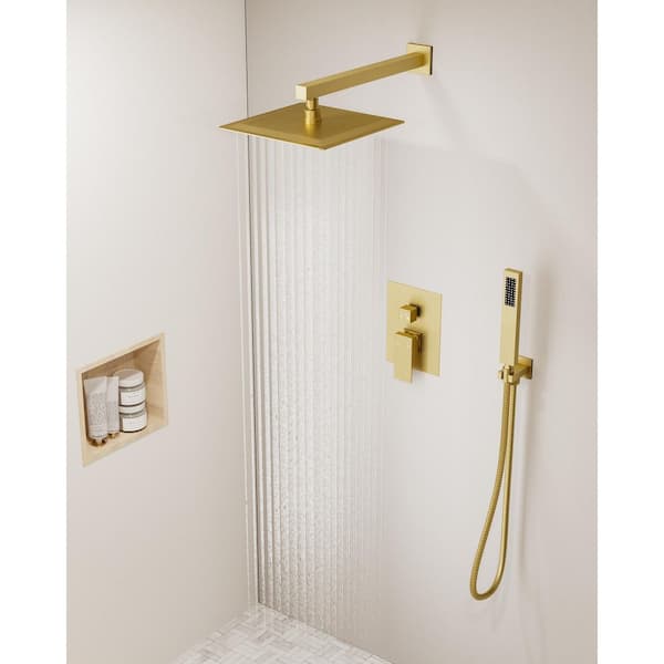 Double Handle 2-Spray Shower Faucet Square 10 in. Shower Head 2.5GPM with High Pressure in Brushed Gold (Valve Included)