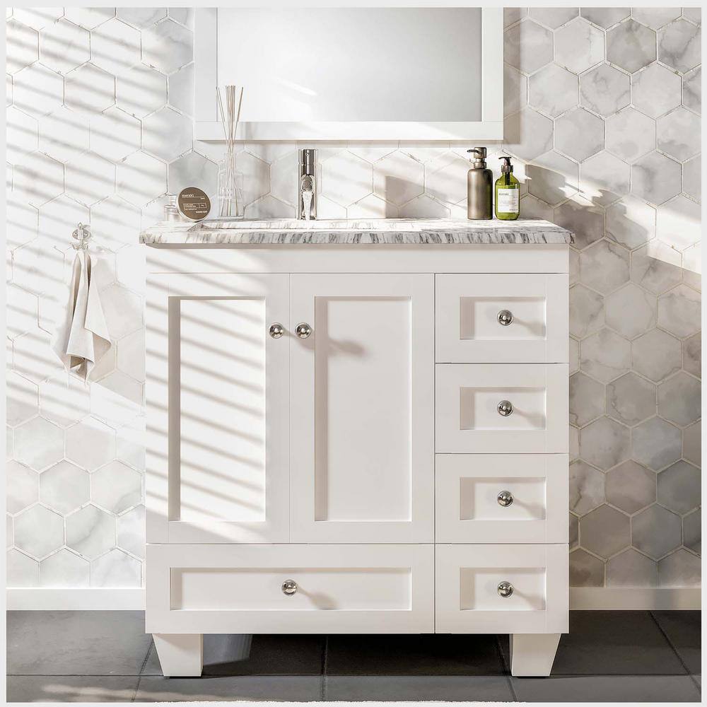 Eviva Happy 30 in. W x 18 in. D x 34 in. H Bathroom Vanity in White with White Carrara Marble ...