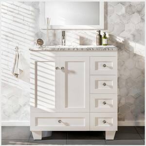Happy 30 in. W x 18 in. D x 34 in. H Bathroom Vanity in White with White Carrara Marble Top with White Sink