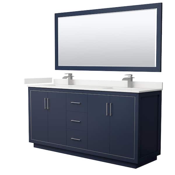 Wyndham Collection Icon 72 in. W x 22 in. D x 35 in. H Double Bath Vanity in Dark Blue with White Quartz Top and 70 in. Mirror