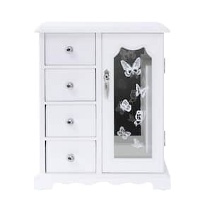 White Jewelry Box Made of Solid Wood with 4 Drawers Organizer and Built-in Necklace Carousel and Large Mirror