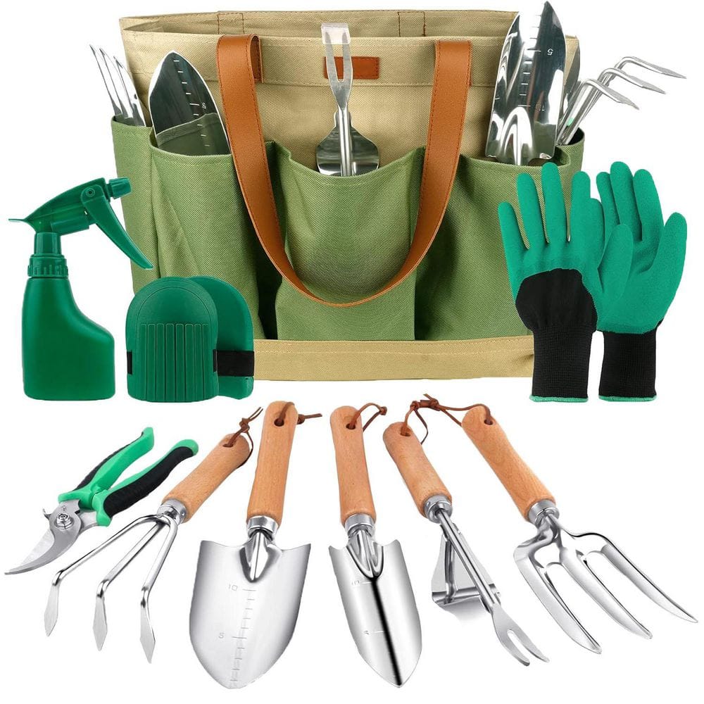 Misopily 10-Piece Garden Tool Set Heavy Duty Stainless Steel with Wooden Handles Large Storage Tote Bag Gift for Gardening PH03328B125