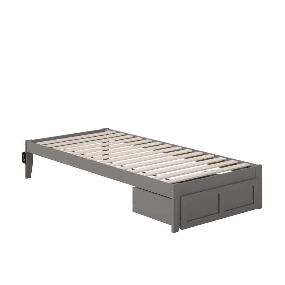 Grey Twin XL Wood Platform Bed with Storage Drawer and USB Charger