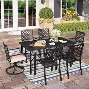 7-Piece Metal Outdoor Dining Set with Slat Table-top and Elegant Swivel Chairs with Beige Cushions