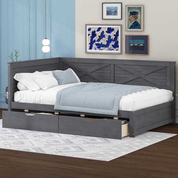 Ancient Gray Twin Size Daybed with 2-Drawers and Guardrail