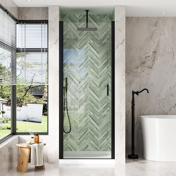 32 in. W x 72 in. H Pivot Semi-Frameless Shower Door in Matte Black Finish with Clear Glass