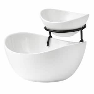 Ceramic 2-Tier Chip and Dip Serving Set, Tiered Serving Bowl Stand, Appetizer Food Display Stand for Entertaining, White