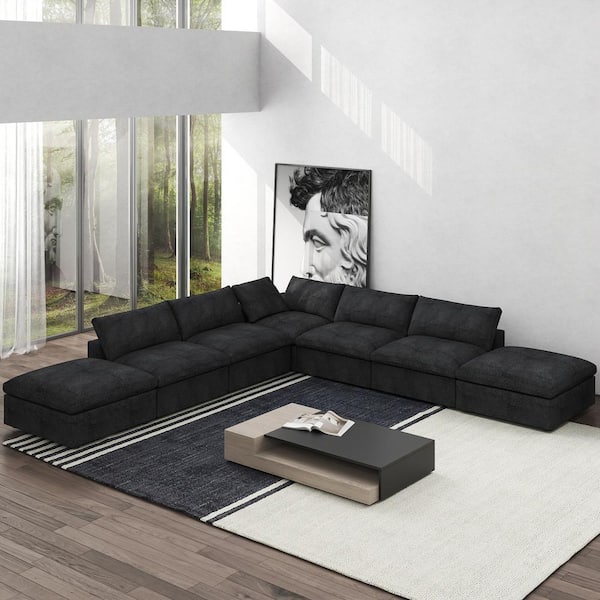 118 in. 7-Piece Square Arm 30% Linen Down Filled Rectangle Seperable L-Shape Corner Sectional Sofa Couch in Black