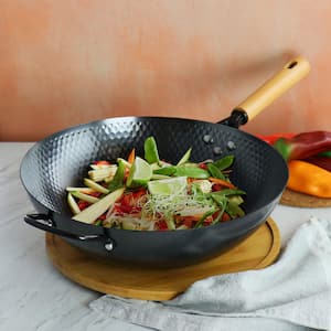 Bressler 13.5 in. Nonstick Carbon Steel Wok in Black with Wooden Handle