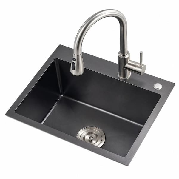 24 in. Drop-In Single Bowl 18 Gauge Black Handmade Stainless Steel Bar Kitchen Sink with Basket Strainer