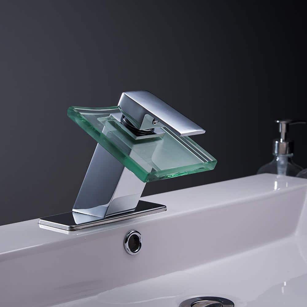 Polished Chrome Glass Spout Single-Handle Low-Arc Bathroom Faucet