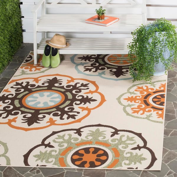 Veranda Cream/Terracotta 7 ft. x 7 ft. Floral Ornate Indoor/Outdoor Square Area Rug