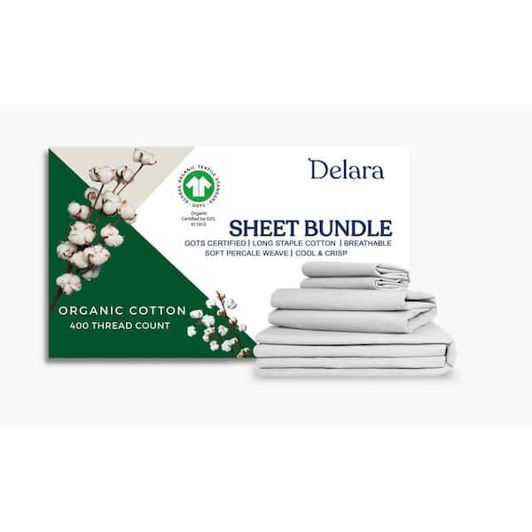 Delara Delara 7-Piece Sheet Bundle Set Light Grey 100% Organic Cotton Percale Weave Cal King Duvet Set Plus Sheet Set