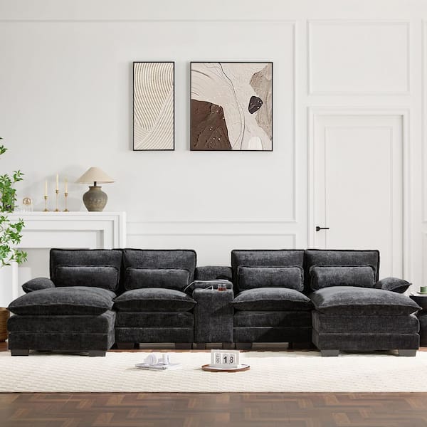 123 in. Chenille U-Shaped Sectional Sofa in Black with Comfy Cloud Couch with Chaise, Cup Holders and USB Charger