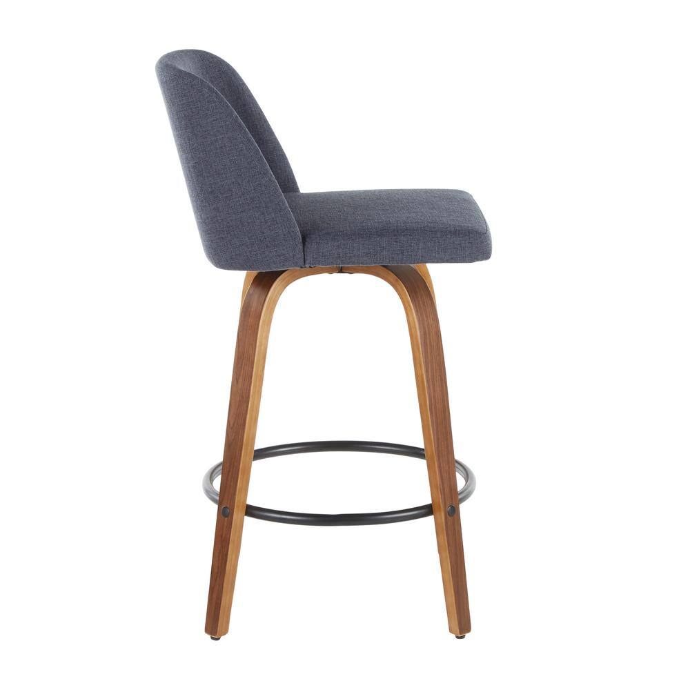 Walnut and Blue Mid-Century Modern Swivel Counter Stools, Set of 2