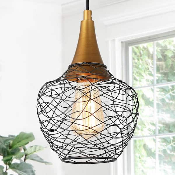 Uolfin Modern Cage Pendant Hanging Light 1-Light Black and Brass Lantern Hanging Ceiling Light