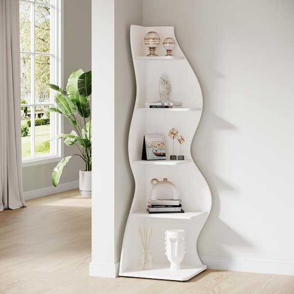 Eulas 69.8 in. Tall White Engineered Wood 5-Shelf Standard Bookcase Bookshelf Corner Shelf for Living Room