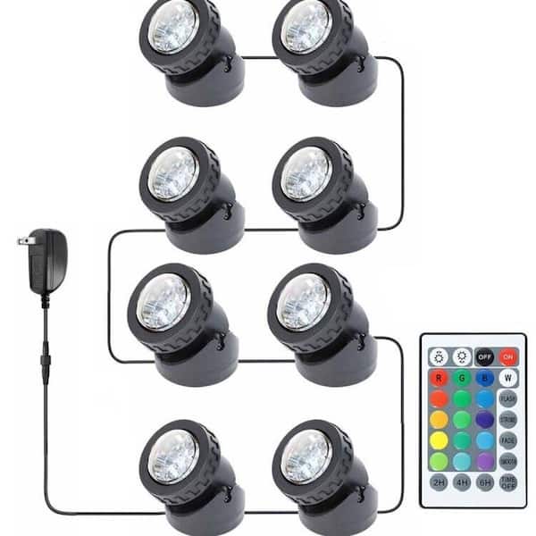 8-Light IP68 Submersible LED Pond & Fountain Spotlight Set, 16 Colors, Timer, Dimmer, 9 ft Lead Cable