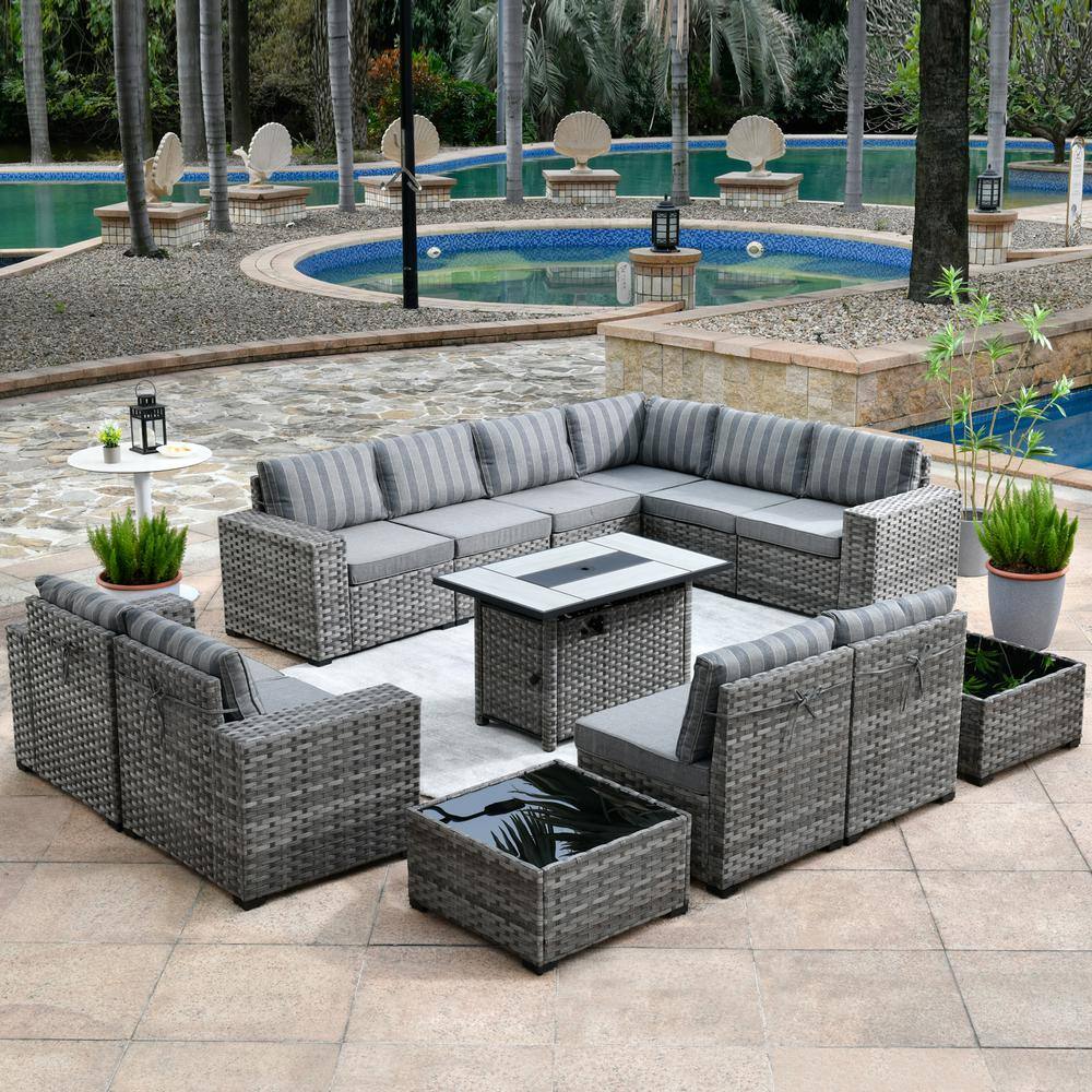 Marlton 13-Piece Gray Wicker Outdoor Sofa Set with Fire Pit