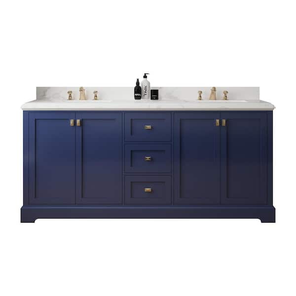 RAINLEX 72.6 in. W x 22.4 in. D x 40.7 in. H Double Sink Freestanding Bath Vanity in Navy Blue with White Natural Marble Top