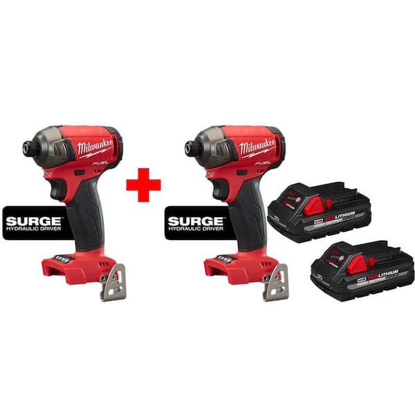 M18 FUEL SURGE 18-Volt Lithium-Ion Brushless Cordless 1/4 in. Hex Impact Driver 2-Tool High Output 3.0Ah Battery(2-Pack)