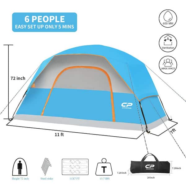 Unbranded Sky Blue 6-Person Waterproof Windproof Family Dome Tent with Large Mesh Windows, Wider Door, Portable with Carry Bag