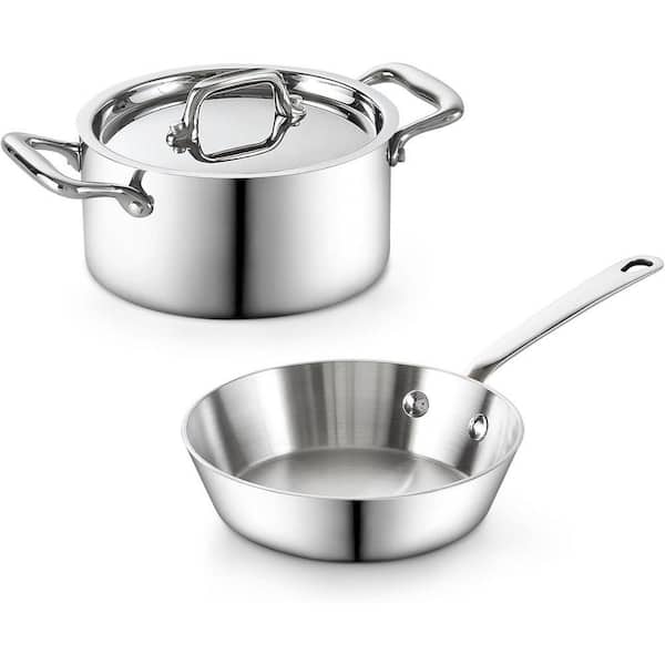 3 Pieces 0.68 qt. Multi-Ply Clad Stainless Steel Butter Warmer Set Mini Cookware Duo Set Mini Pot and Pan, Silver