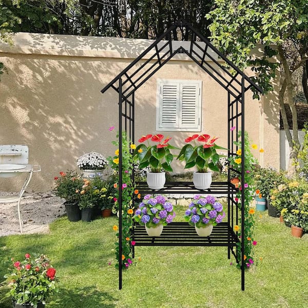 Unbranded 97.24 in. x 58.07 in. Metal Garden Arch Trellis with Storage Shelf and Bench, Black Garden Archway for Lawn, Patio
