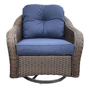 Wicker Patio Swivel Outdoor Rocking Chair Lounge Chair with Blue Cushions