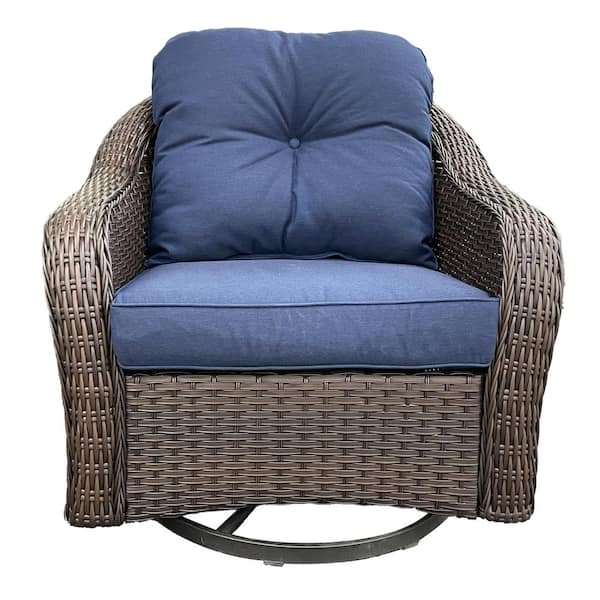 JOYSIDE Wicker Patio Swivel Outdoor Rocking Chair Lounge Chair with Blue Cushions