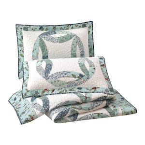 Felicity 3-Piece Blue Floral Wedding Ring Cotton King Quilt Set