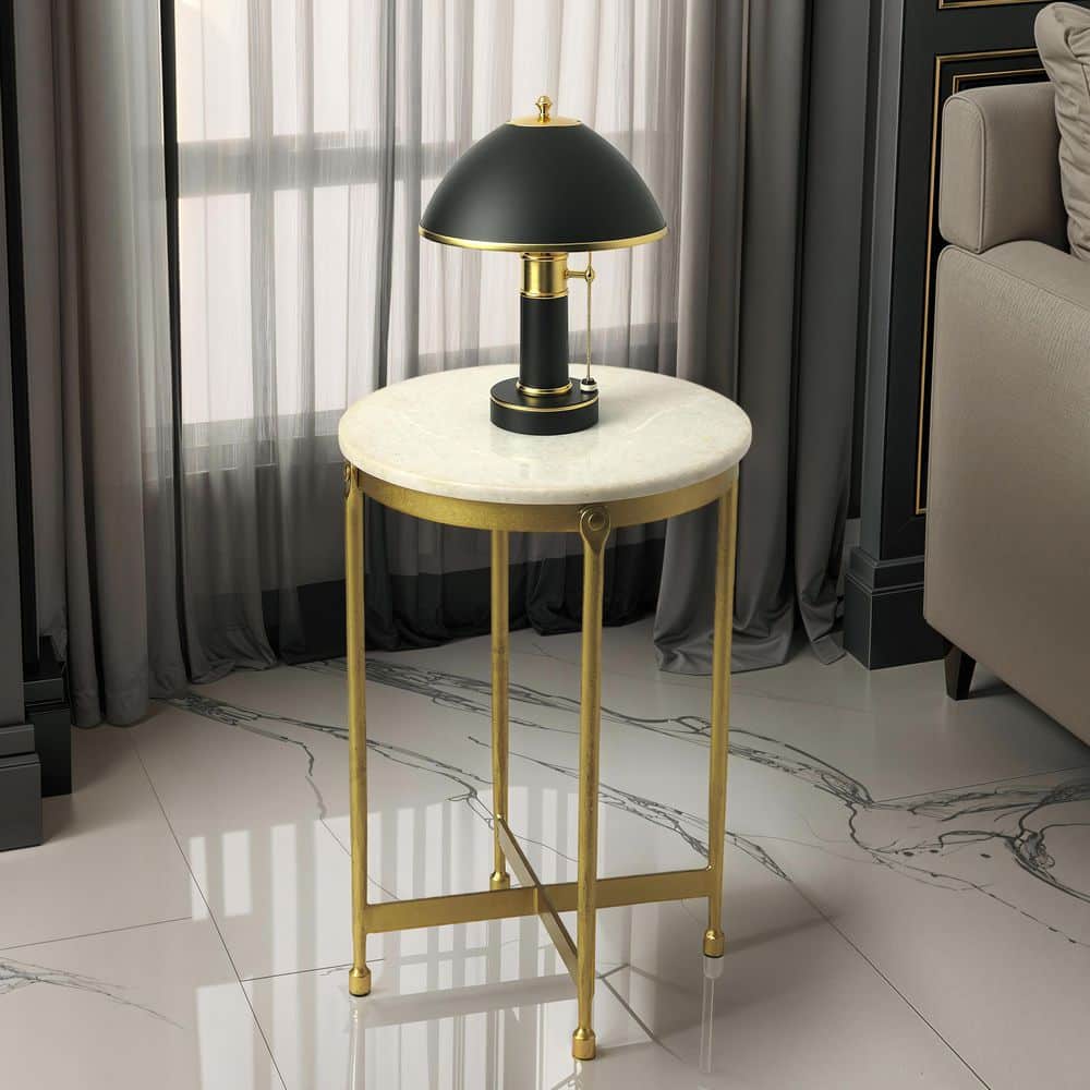 Claypool 13.5 in. W Round Gold and White Marble and Metal Side Table