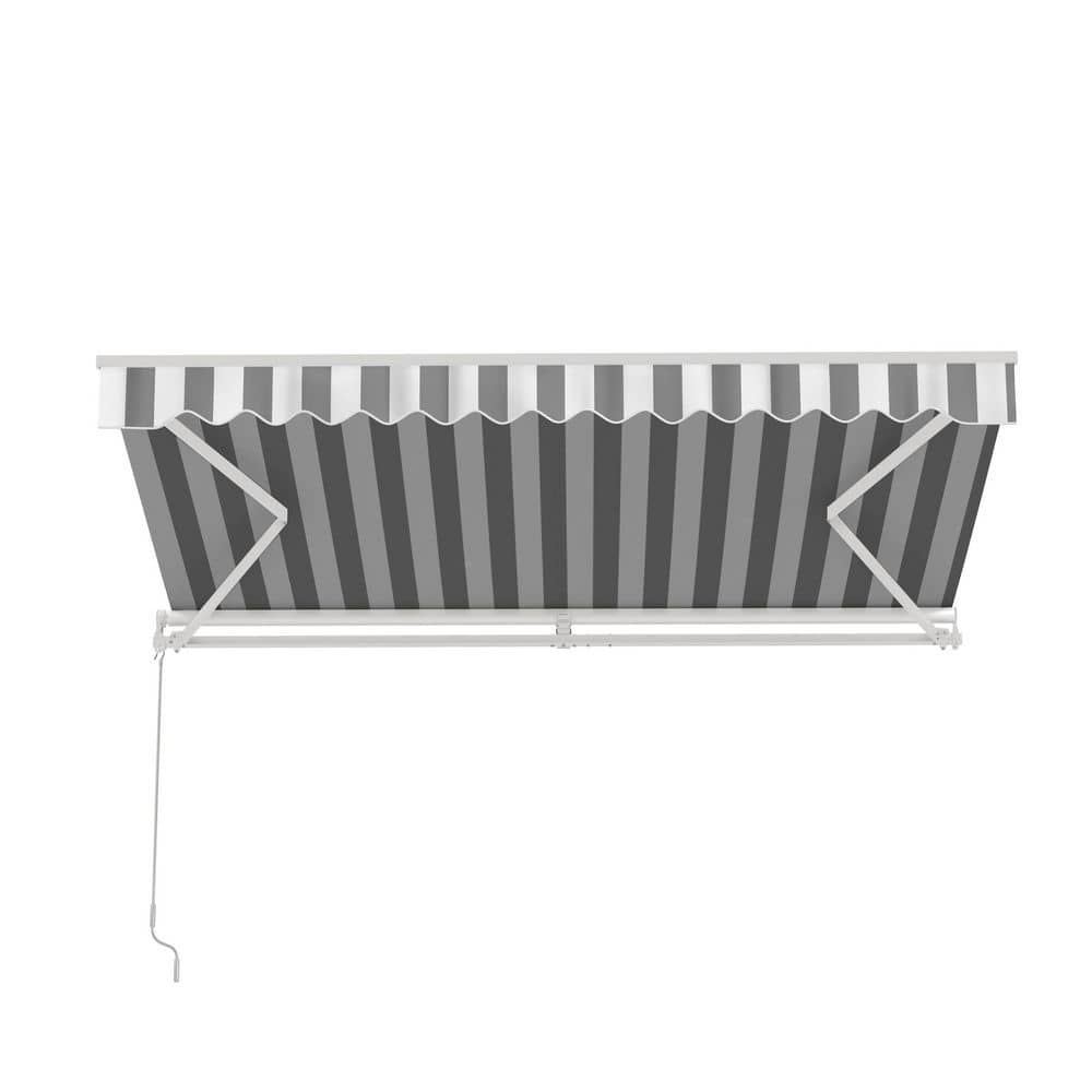 Gray and White Striped Motorized Retractable Patio Awning, 10' x 8'