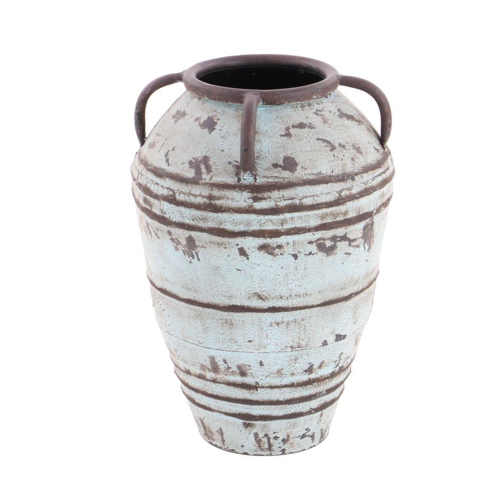 Distressed Blue Metal Amphora Vases with Handles, Set of 3
