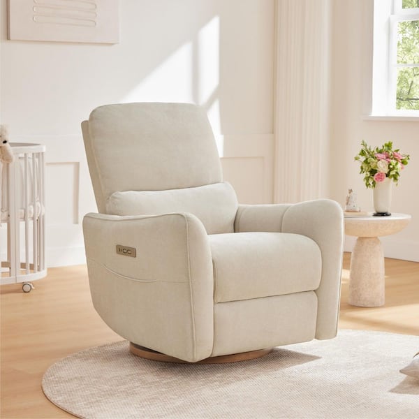 Bria Cream Modern Fabric Swivel Glider Nursery Recliner Chair with Lumbar Pillow, USB and Type-C Charge, Pocket
