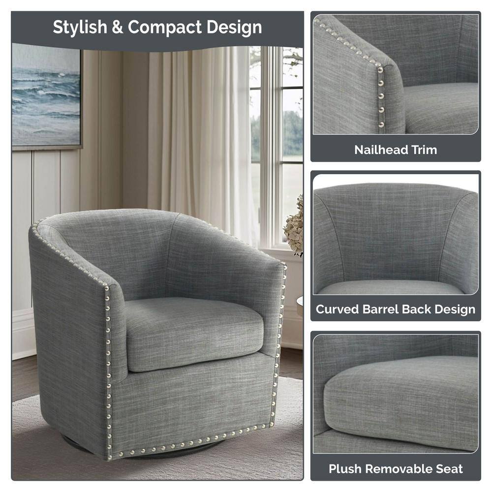 Elegant Gray Barrel Swivel Lounge Chair with Silver Nailheads
