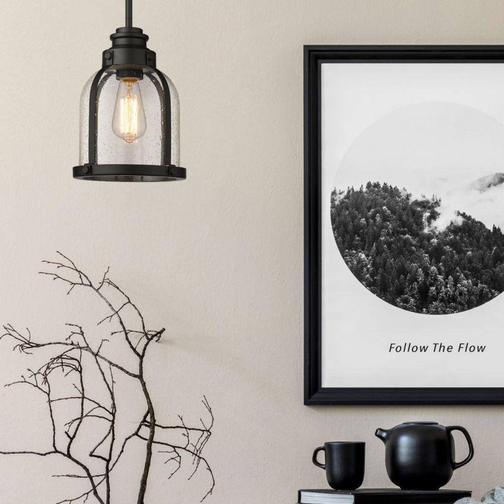 Matte Black Glass Mini Pendant Light with Seedy Shade